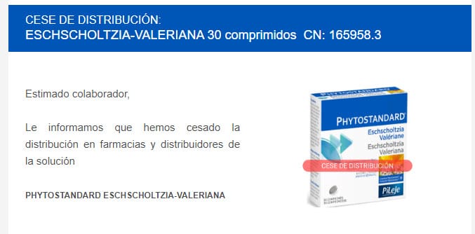 Cese de distribución ESCHSCHOLTZIA-VALERIANA 30 comprimidos  CN: 165958.3