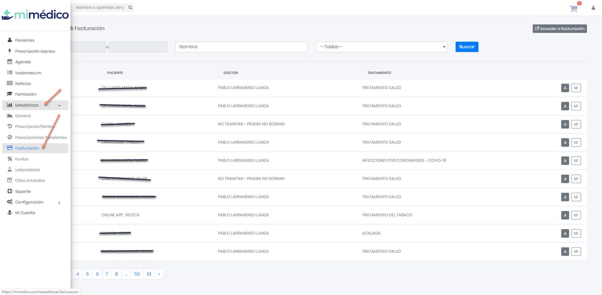 Facturar a paciente desde listado "Visitas Pendientes de facturar"