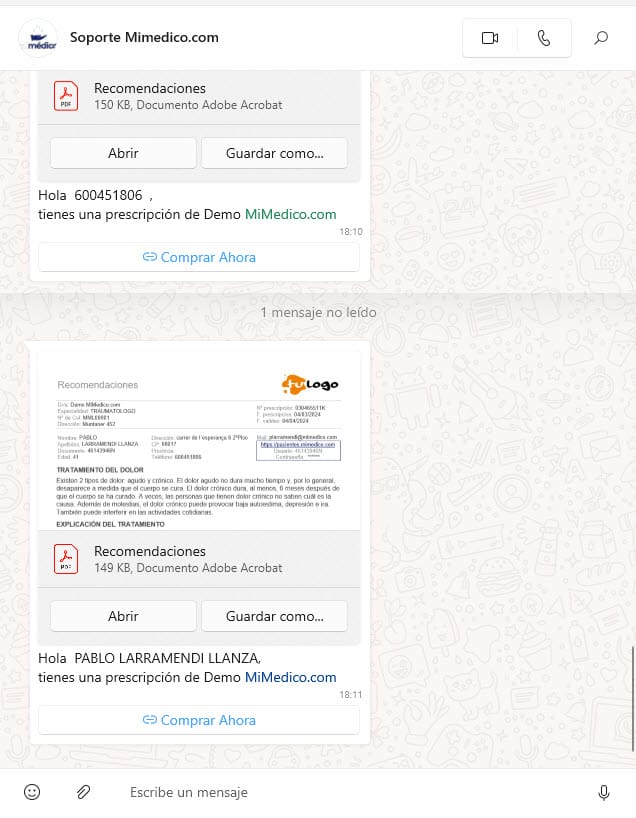 72 Envío de la prescripción por WhatsApp