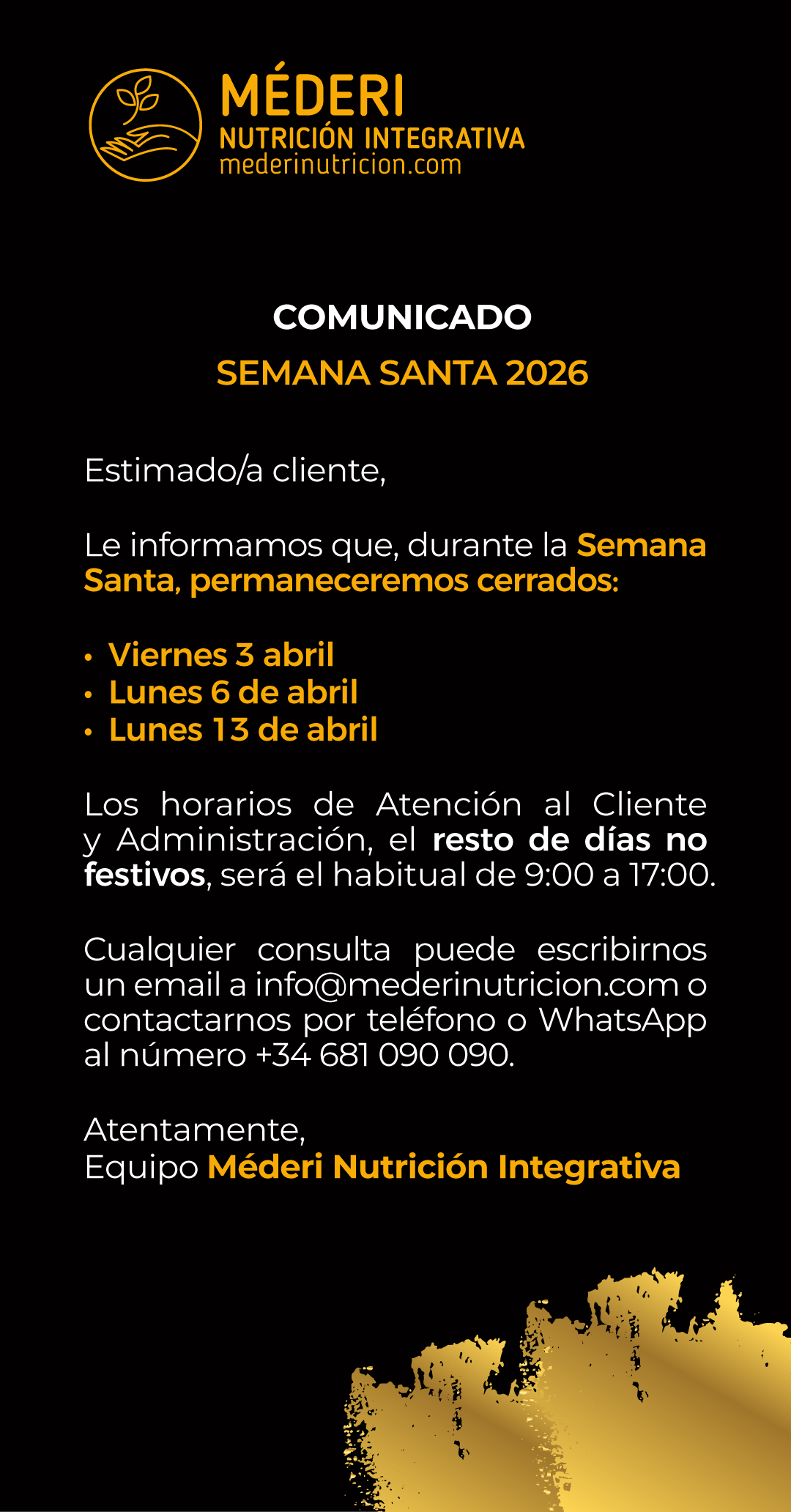 Comunicado: Festivo Semana Santa