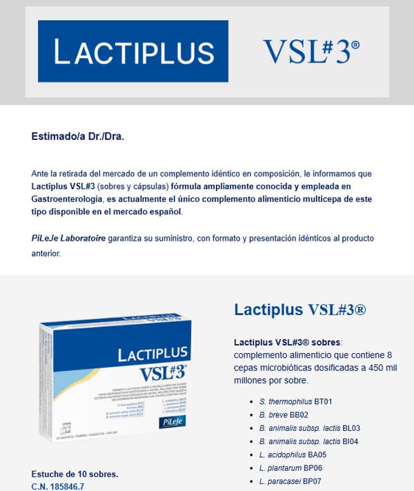 AVISO: Existencia de probióticos Lactiplus VSL#3 asegurada para reemplazar un producto que ya no estará en el mercado