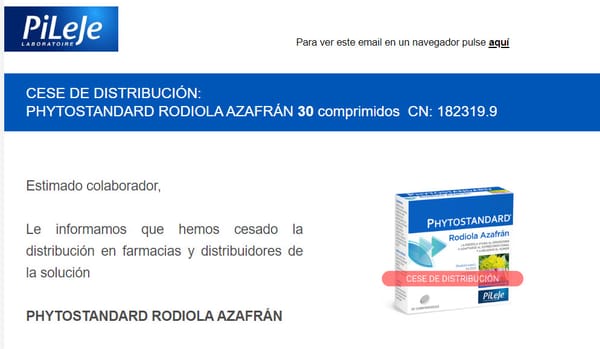 Cese de distribución PHYTOSTANDARD RODIOLA AZAFRAN CN: 182319.9