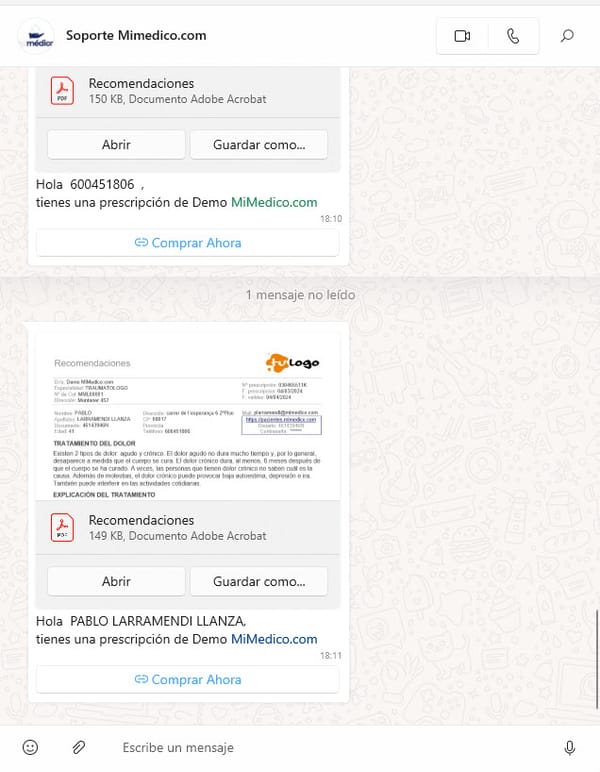 72 Envío de la prescripción por WhatsApp